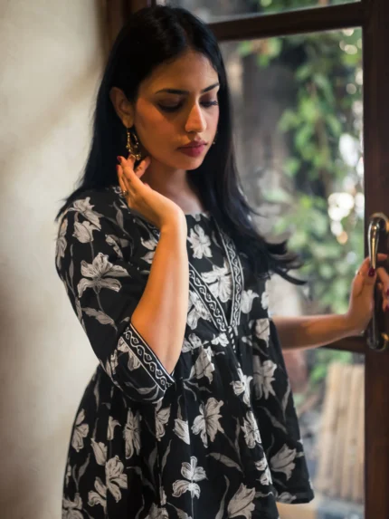 Black Printed Cotton Anarkali Short Kurti