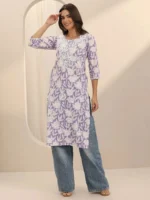 Lavender Straight Printed Cotton Kurta - Image 4
