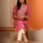 Pink Printed Silk Blend Straight Kurta