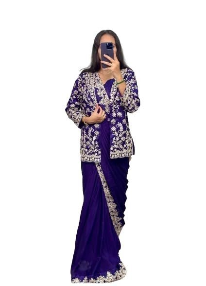 41K65-TevsL.jpg Ready To Wear Saree & Koti Set For Women Bollywood Style Chinon Silk Fabric On Embrodery Sequance Cording Work - Image 1