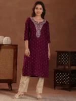 Maroon Woven Design Cotton Straight Kurta