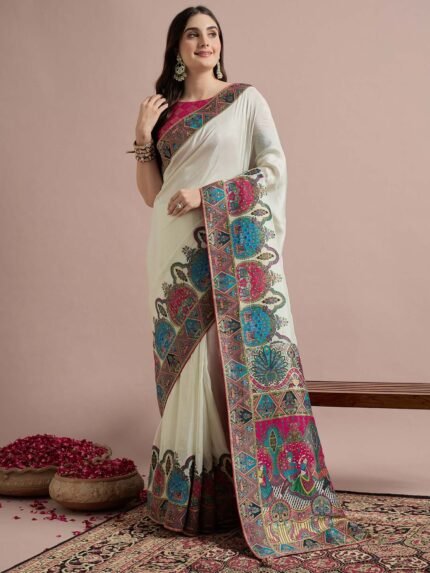 Off White Woven Viscose Saree with Unstitched Blouse