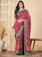 Pink Woven Viscose Saree with Unstitched Blouse