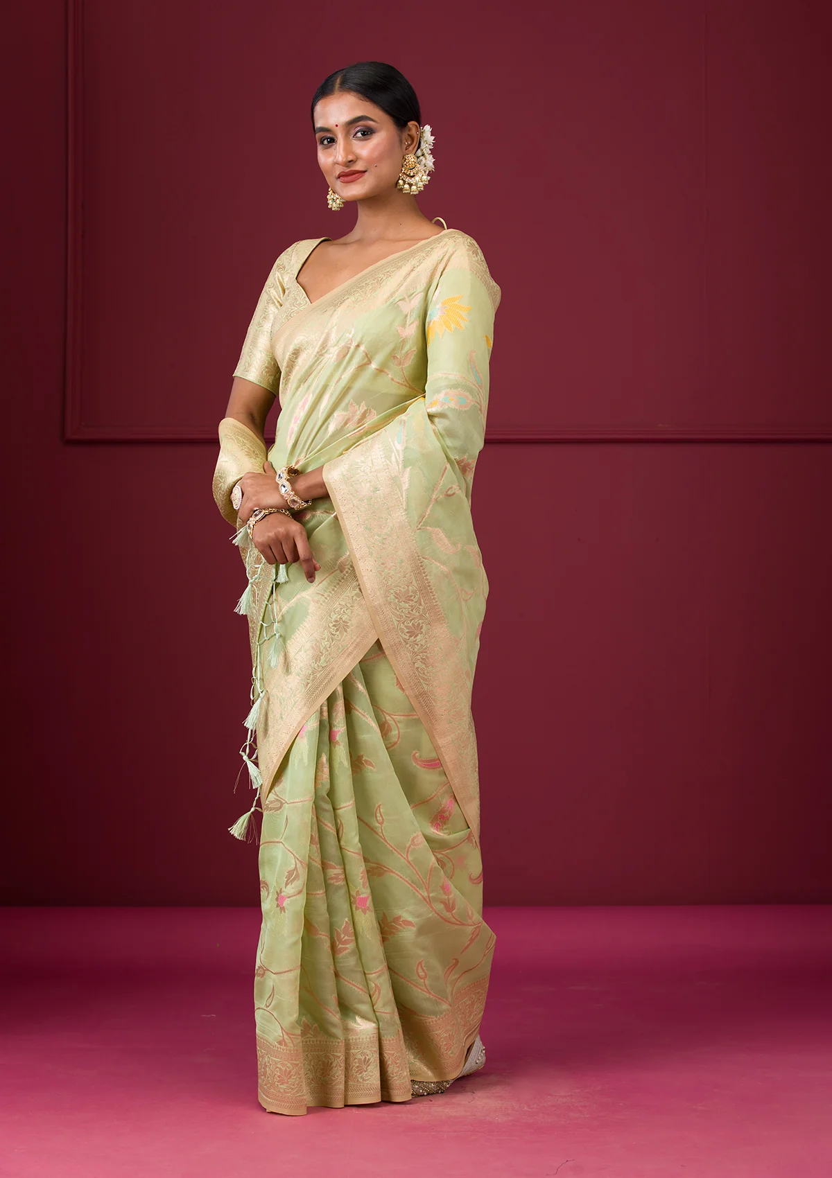 Pista Green Zariwork Tissue Saree - Image 3